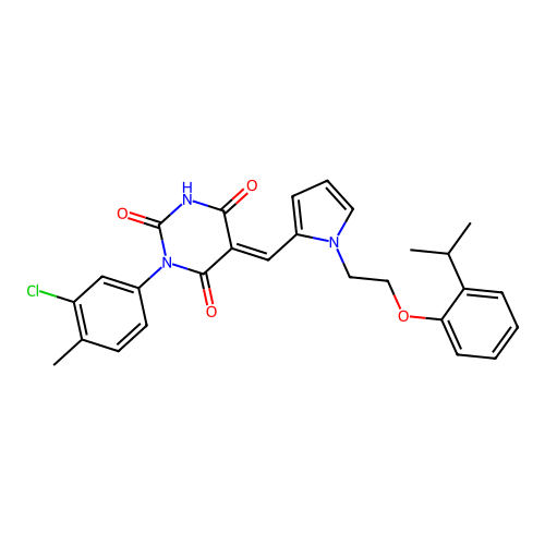 (5E)-1-(3-chloro-4-methylphenyl)-5-[[1-[2-(2-propan-2-ylphenoxy)ethyl]pyrrol-2-yl]methylidene]-1,3-diazinane-2,4,6-trione structure