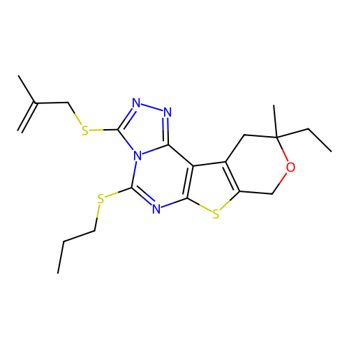 10-ethyl-10-methyl-3-((2-methylallyl)thio)-5-(propylthio)-10,11-dihydro-8H-pyrano[4',3':4,5]thieno[3,2-e][1,2,4]triazolo[4,3-c]pyrimidine structure