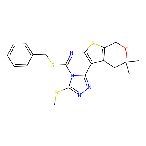 5-(benzylsulfanyl)-10,10-dimethyl-3-(methylsulfanyl)-10,11-dihydro-8H-pyrano[4',3':4,5]thieno[3,2-e][1,2,4]triazolo[4,3-c]pyrimidine structure