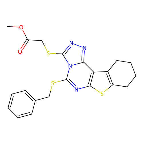 methyl {[5-(benzylsulfanyl)-8,9,10,11-tetrahydro[1]benzothieno[3,2-e][1,2,4]triazolo[4,3-c]pyrimidin-3-yl]sulfanyl}acetate structure