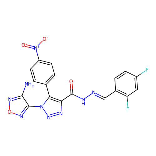 (E)-1-(4-amino-1,2,5-oxadiazol-3-yl)-N'-(2,4-difluorobenzylidene)-5-(4-nitrophenyl)-1H-1,2,3-triazole-4-carbohydrazide structure