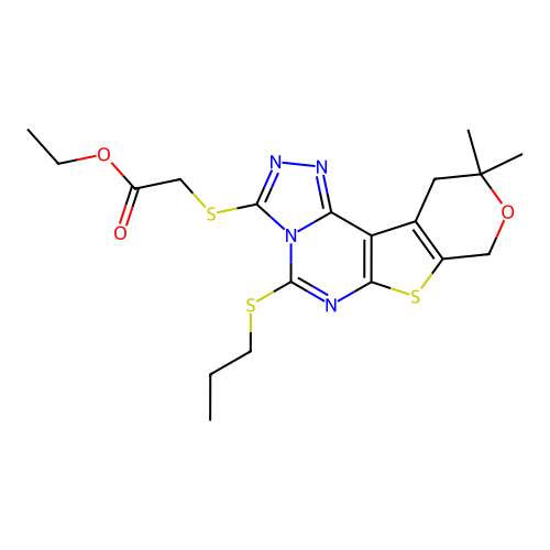 ethyl {[10,10-dimethyl-5-(propylsulfanyl)-10,11-dihydro-8H-pyrano[4',3':4,5]thieno[3,2-e][1,2,4]triazolo[4,3-c]pyrimidin-3-yl]sulfanyl}acetate structure