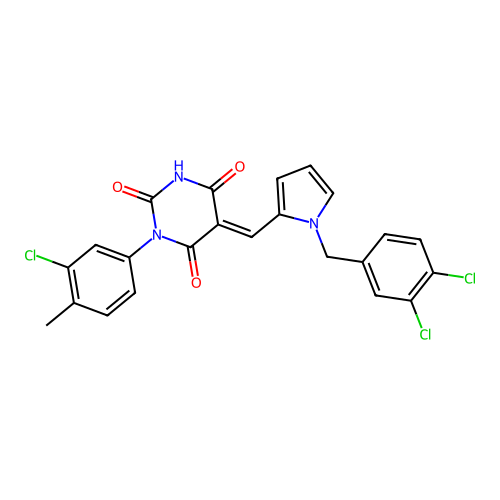 (5E)-1-(3-chloro-4-methylphenyl)-5-[[1-[(3,4-dichlorophenyl)methyl]pyrrol-2-yl]methylidene]-1,3-diazinane-2,4,6-trione structure