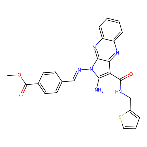 (E)-methyl 4-(((2-amino-3-((thiophen-2-ylmethyl)carbamoyl)-1H-pyrrolo[2,3-b]quinoxalin-1-yl)imino)methyl)benzoate structure