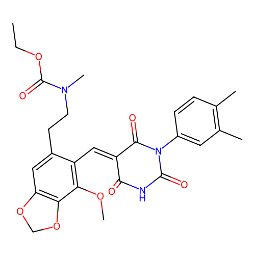 (E)-ethyl (2-(6-((1-(3,4-dimethylphenyl)-2,4,6-trioxotetrahydropyrimidin-5(2H)-ylidene)methyl)-7-methoxybenzo[d][1,3]dioxol-5-yl)ethyl)(methyl)carbamate structure