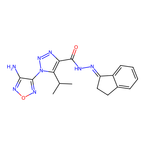 (E)-1-(4-amino-1,2,5-oxadiazol-3-yl)-N'-(2,3-dihydro-1H-inden-1-ylidene)-5-isopropyl-1H-1,2,3-triazole-4-carbohydrazide structure