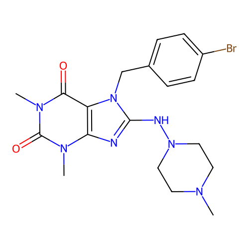 7-[(4-bromophenyl)methyl]-1,3-dimethyl-8-[(4-methylpiperazin-1-yl)amino]purine-2,6-dione structure