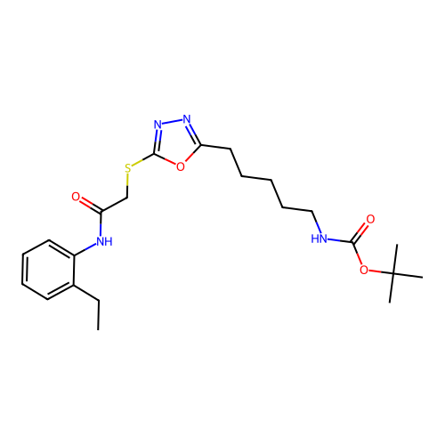 tert-butyl (5-(5-((2-((2-ethylphenyl)amino)-2-oxoethyl)thio)-1,3,4-oxadiazol-2-yl)pentyl)carbamate structure