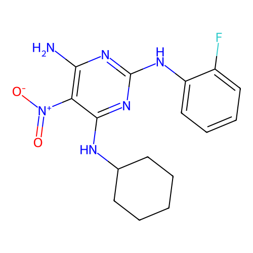 N~4~-cyclohexyl-N~2~-(2-fluorophenyl)-5-nitropyrimidine-2,4,6-triamine structure