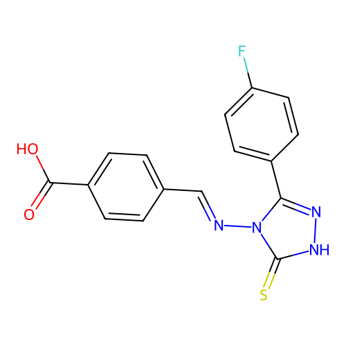 (E)-4-(((3-(4-fluorophenyl)-5-mercapto-4H-1,2,4-triazol-4-yl)imino)methyl)benzoic acid structure