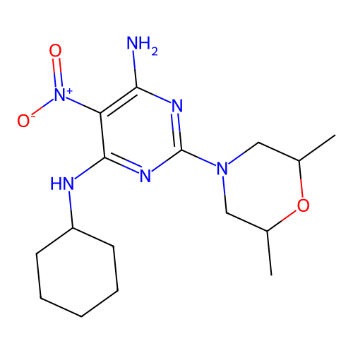 N-cyclohexyl-2-(2,6-dimethylmorpholin-4-yl)-5-nitropyrimidine-4,6-diamine structure