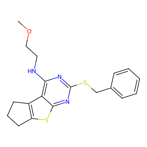 (2-Benzylsulfanyl-6,7-dihydro-5H-cyclopenta[4,5]thieno[2,3-d]pyrimidin-4-yl)-(2-methoxy-ethyl)-amine structure