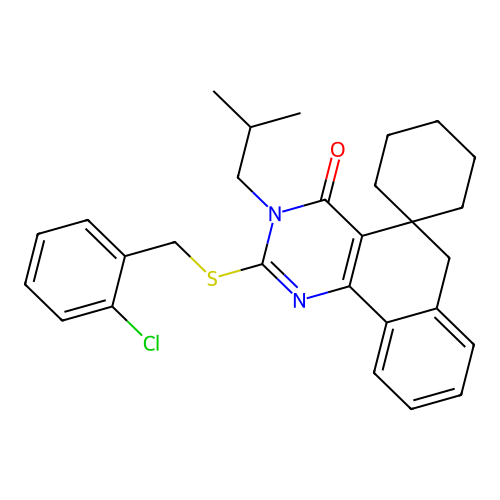 2-((2-chlorobenzyl)thio)-3-isobutyl-3H-spiro[benzo[h]quinazoline-5,1'-cyclohexan]-4(6H)-one structure