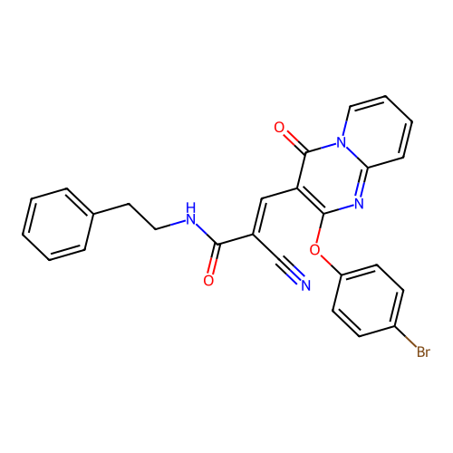 (2E)-3-[2-(4-bromophenoxy)-4-oxo(5-hydropyridino[1,2-a]pyrimidin-3-yl)]-2-cyan o-N-(2-phenylethyl)prop-2-enamide structure