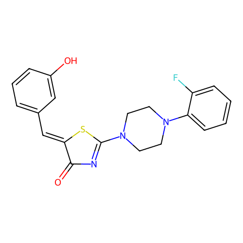 (5Z)-2-[4-(2-fluorophenyl)piperazin-1-yl]-5-(3-hydroxybenzylidene)-1,3-thiazol-4(5H)-one structure