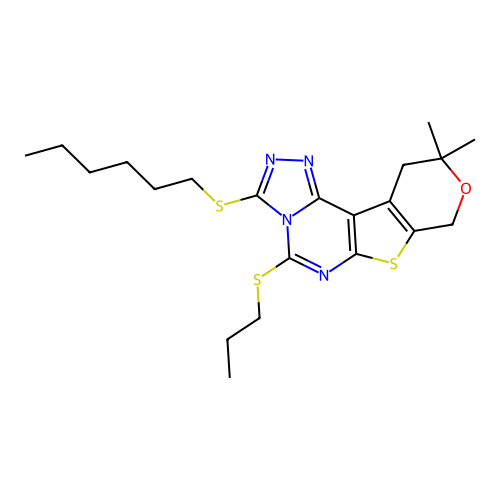 3-(hexylsulfanyl)-10,10-dimethyl-5-(propylsulfanyl)-10,11-dihydro-8H-pyrano[4',3':4,5]thieno[3,2-e][1,2,4]triazolo[4,3-c]pyrimidine structure