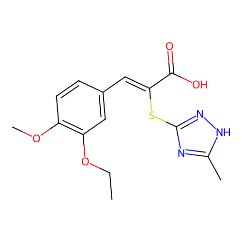 (Z)-3-(3-ethoxy-4-methoxyphenyl)-2-((5-methyl-4H-1,2,4-triazol-3-yl)thio)acrylic acid structure