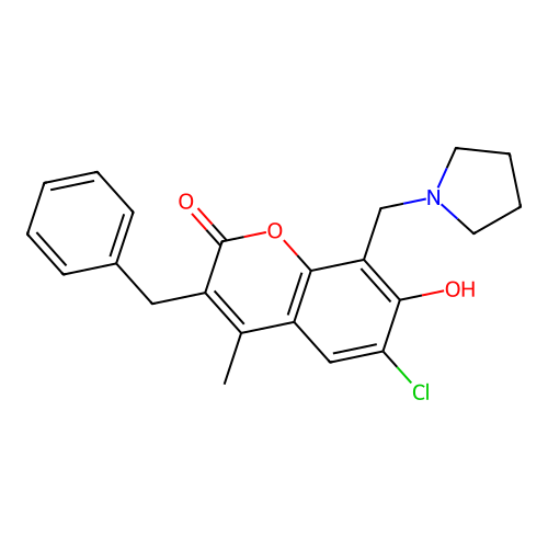 3-benzyl-6-chloro-7-hydroxy-4-methyl-8-(pyrrolidin-1-ylmethyl)-2H-chromen-2-one structure