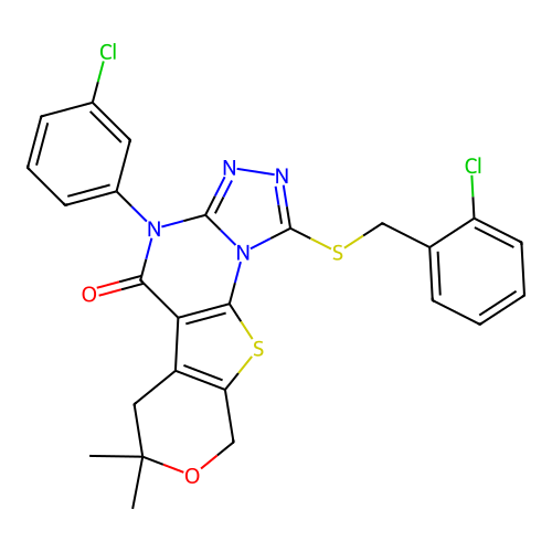 1-((2-chlorobenzyl)thio)-4-(3-chlorophenyl)-7,7-dimethyl-6,7-dihydro-4H-pyrano[4',3':4,5]thieno[3,2-e][1,2,4]triazolo[4,3-a]pyrimidin-5(9H)-one structure