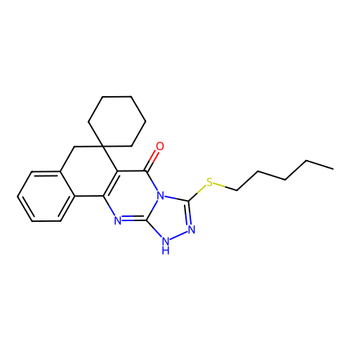 9-(pentylthio)-5H-spiro[benzo[h][1,2,4]triazolo[3,4-b]quinazoline-6,1'-cyclohexan]-7(12H)-one structure