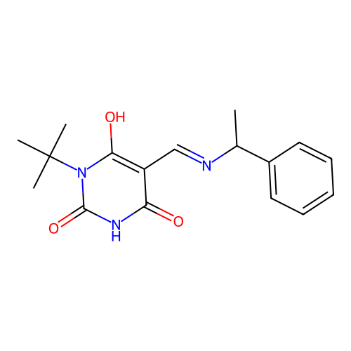 (Z)-1-(tert-butyl)-5-(((1-phenylethyl)amino)methylene)pyrimidine-2,4,6(1H,3H,5H)-trione structure