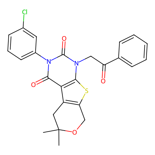 3-(3-chlorophenyl)-6,6-dimethyl-1-(2-oxo-2-phenylethyl)-1,5,6,8-tetrahydro-2H-pyrano[4',3':4,5]thieno[2,3-d]pyrimidine-2,4(3H)-dione structure