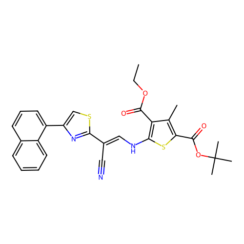 (E)-2-tert-butyl 4-ethyl 5-((2-cyano-2-(4-(naphthalen-1-yl)thiazol-2-yl)vinyl)amino)-3-methylthiophene-2,4-dicarboxylate structure