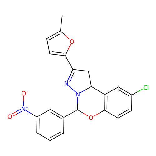 2-chloro-9-(5-methyl(2-furyl))-6-(3-nitrophenyl)-6H,10aH-benzo[e]2-pyrazolino[ 1,5-c]1,3-oxazine structure