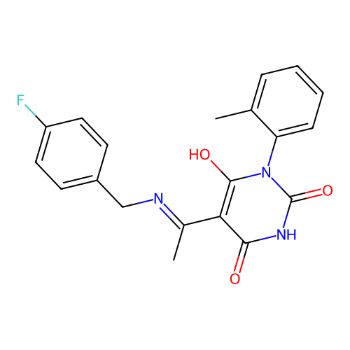 5-[1-[(4-fluorophenyl)methylamino]ethylidene]-1-(2-methylphenyl)-1,3-diazinane-2,4,6-trione structure