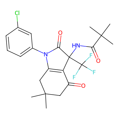 N-[1-(3-chlorophenyl)-6,6-dimethyl-2,4-dioxo-3-(trifluoromethyl)-2,3,4,5,6,7-hexahydro-1H-indol-3-yl]-2,2-dimethylpropanamide structure