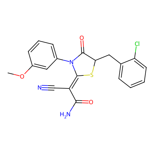 (2Z)-2-[5-(2-chlorobenzyl)-3-(3-methoxyphenyl)-4-oxo-1,3-thiazolidin-2-ylidene]-2-cyanoethanamide structure