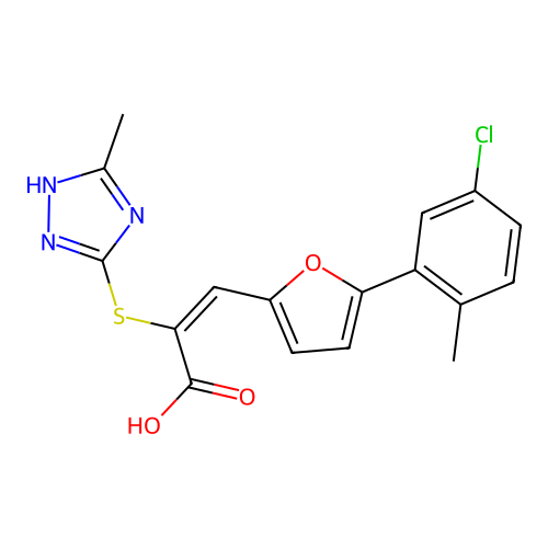 (E)-3-[5-(5-chloro-2-methylphenyl)furan-2-yl]-2-[(5-methyl-1H-1,2,4-triazol-3-yl)sulfanyl]prop-2-enoic acid structure