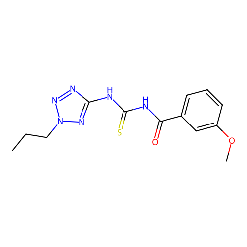 3-methoxy-N-((2-propyl-2H-tetrazol-5-yl)carbamothioyl)benzamide structure
