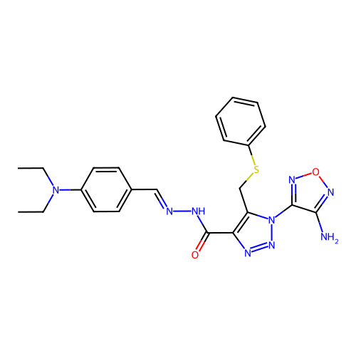 (E)-1-(4-amino-1,2,5-oxadiazol-3-yl)-N'-(4-(diethylamino)benzylidene)-5-((phenylthio)methyl)-1H-1,2,3-triazole-4-carbohydrazide structure