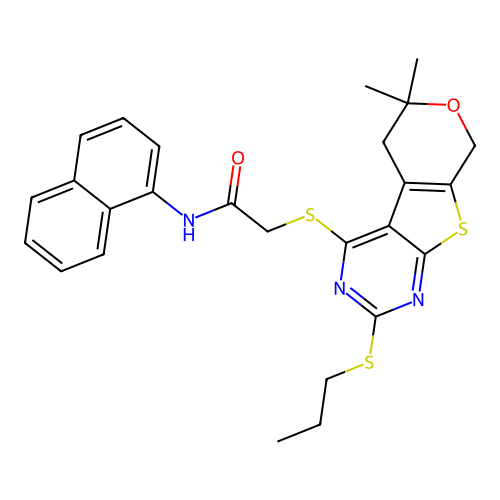 2-((6,6-dimethyl-2-(propylthio)-6,8-dihydro-5H-pyrano[4',3':4,5]thieno[2,3-d]pyrimidin-4-yl)thio)-N-(naphthalen-1-yl)acetamide structure