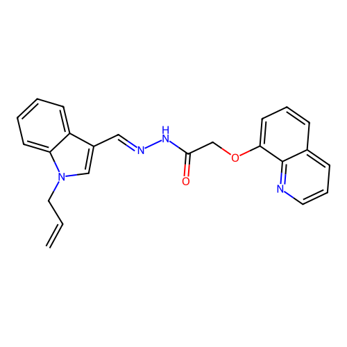 N-[(E)-(1-prop-2-enylindol-3-yl)methylideneamino]-2-quinolin-8-yloxyacetamide structure