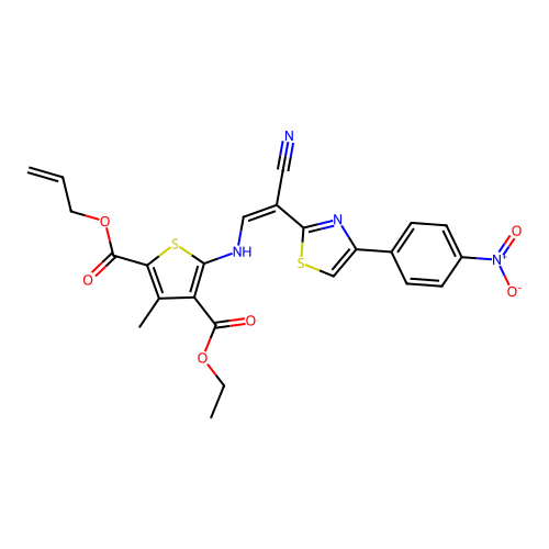 (Z)-2-allyl 4-ethyl 5-((2-cyano-2-(4-(4-nitrophenyl)thiazol-2-yl)vinyl)amino)-3-methylthiophene-2,4-dicarboxylate structure