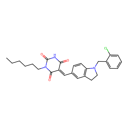 (5E)-5-[[1-[(2-chlorophenyl)methyl]-2,3-dihydroindol-5-yl]methylidene]-1-hexyl-1,3-diazinane-2,4,6-trione structure