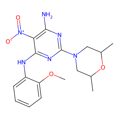 2-(2,6-dimethylmorpholin-4-yl)-N-(2-methoxyphenyl)-5-nitropyrimidine-4,6-diamine structure