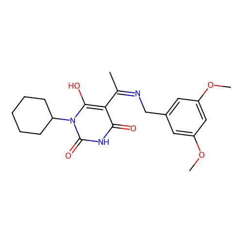 1-cyclohexyl-5-[1-[(3,5-dimethoxyphenyl)methylamino]ethylidene]-1,3-diazinane-2,4,6-trione structure