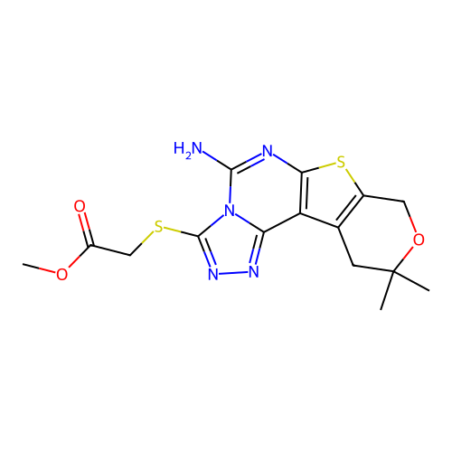 methyl [(5-amino-10,10-dimethyl-10,11-dihydro-8H-pyrano[4',3':4,5]thieno[3,2-e][1,2,4]triazolo[4,3-c]pyrimidin-3-yl)sulfanyl]acetate structure