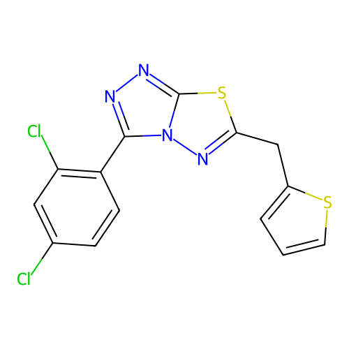 3-(2,4-dichlorophenyl)-6-(thiophen-2-ylmethyl)-[1,2,4]triazolo[3,4-b][1,3,4]thiadiazole structure