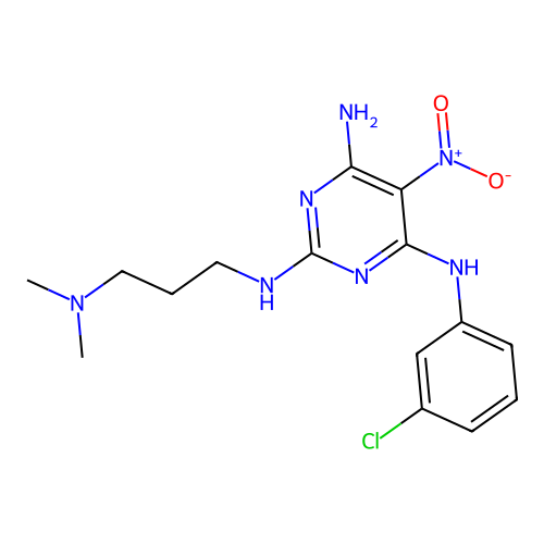 [3-({4-amino-6-[(3-chlorophenyl)amino]-5-nitropyrimidin-2-yl}amino)propyl]dime thylamine structure