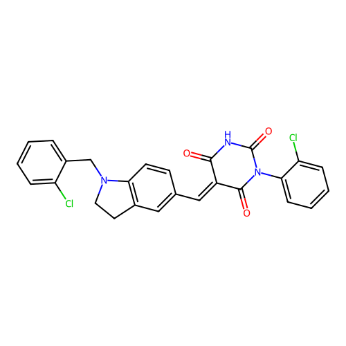 (5E)-1-(2-chlorophenyl)-5-[[1-[(2-chlorophenyl)methyl]-2,3-dihydroindol-5-yl]methylidene]-1,3-diazinane-2,4,6-trione structure