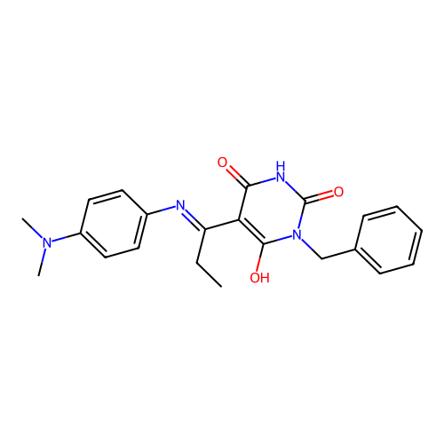 (E)-1-benzyl-5-(1-((4-(dimethylamino)phenyl)amino)propylidene)pyrimidine-2,4,6(1H,3H,5H)-trione structure
