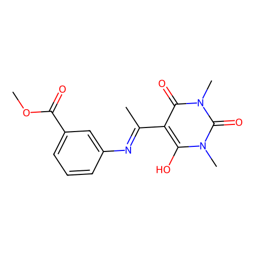 methyl 3-[1-(1,3-dimethyl-2,4,6-trioxo-1,3-diazinan-5-ylidene)ethylamino]benzoate structure