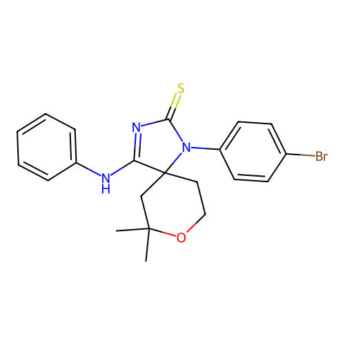 1-anilino-4-(4-bromophenyl)-9,9-dimethyl-8-oxa-2,4-diazaspiro[4.5]dec-1-ene-3-thione structure