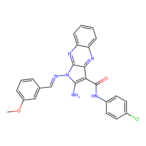 (E)-2-amino-N-(4-chlorophenyl)-1-((3-methoxybenzylidene)amino)-1H-pyrrolo[2,3-b]quinoxaline-3-carboxamide structure