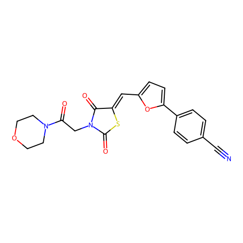 (Z)-4-(5-((3-(2-morpholino-2-oxoethyl)-2,4-dioxothiazolidin-5-ylidene)methyl)furan-2-yl)benzonitrile structure