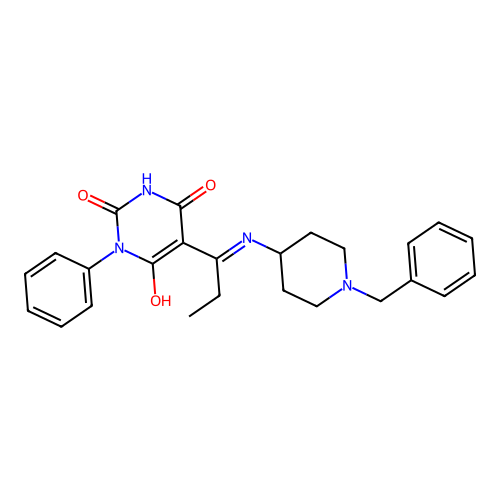 5-[1-[(1-benzyl-4-piperidyl)amino]propylidene]-1-phenyl-1,3-diazinane-2,4,6-trione structure